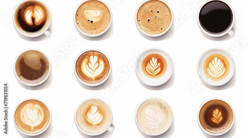 Many cups with tasty aromatic coffee on white background. Neural network AI generated art