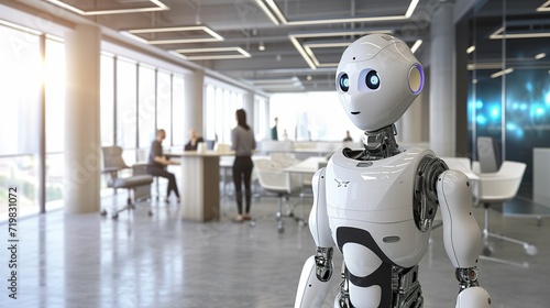 Futuristic Collaboration, Robot in a Modern Office with Real People