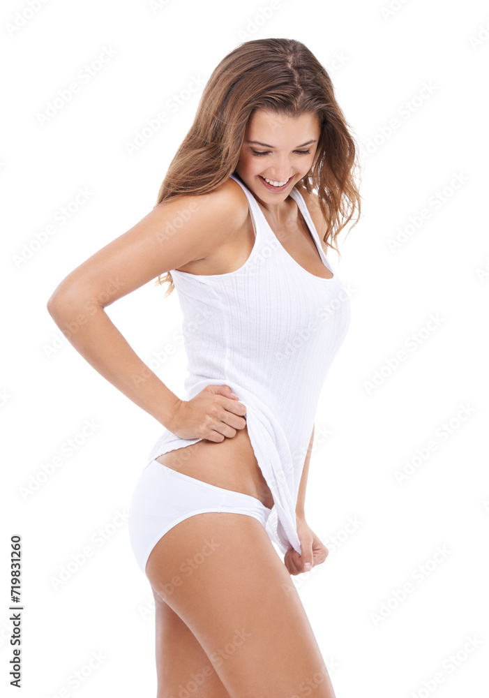 Fototapeta premium Healthy body, underwear or happy woman in tank top with confidence, smile or results in studio. Natural, fashion model or slim person in lingerie with pride or wellness isolated on white background