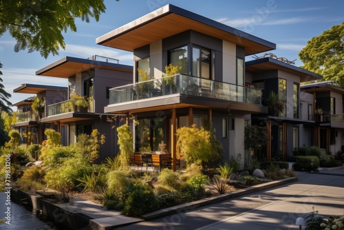 Residential area with houses equipped with solar panels, contributing to a sustainable and energy-efficient neighborhood, Generative AI © Shooting Star Std