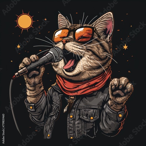 cute cartoon cat singing and dressed like a rockstar wearing sunglasses and red jacket with neon color 8 suitabel for t-shirt design, printing, poster. photo