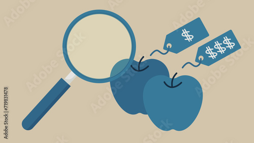 Even similar apples have different price tags. Near them is a magnifying glass.
