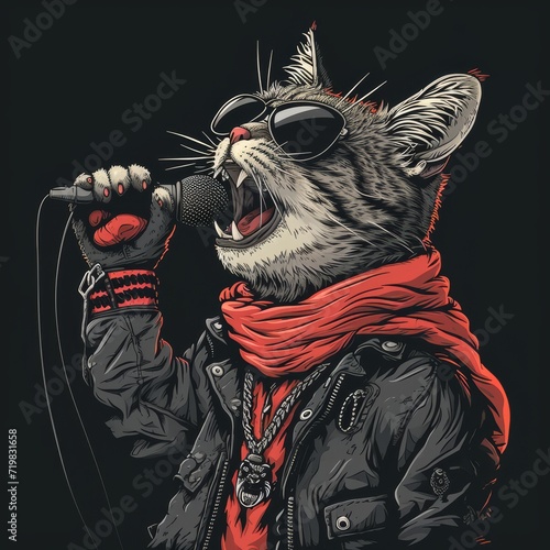 cute cartoon cat singing and dressed like a rockstar wearing sunglasses and red jacket with neon color 3. suitabel for t-shirt design, printing, poster. photo