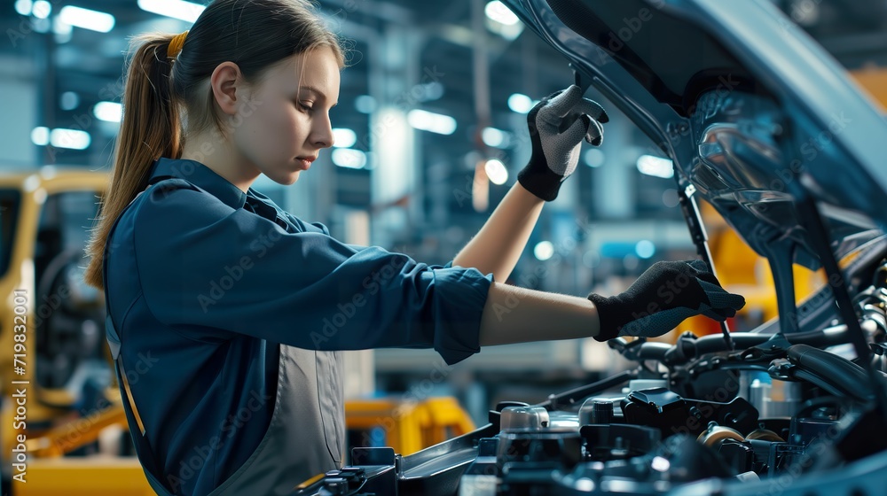 Confident Female Worker, Operating High-Tech Machinery in Automotive Manufacturing Confident Female Worker, Operating High-Tech Machinery in Automotive Manufacturing