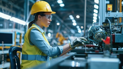 Confident Female Worker, Operating High-Tech Machinery in Automotive Manufacturing