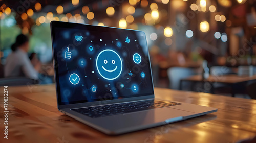 A laptop with a thumbs up icon and a smiley face photo