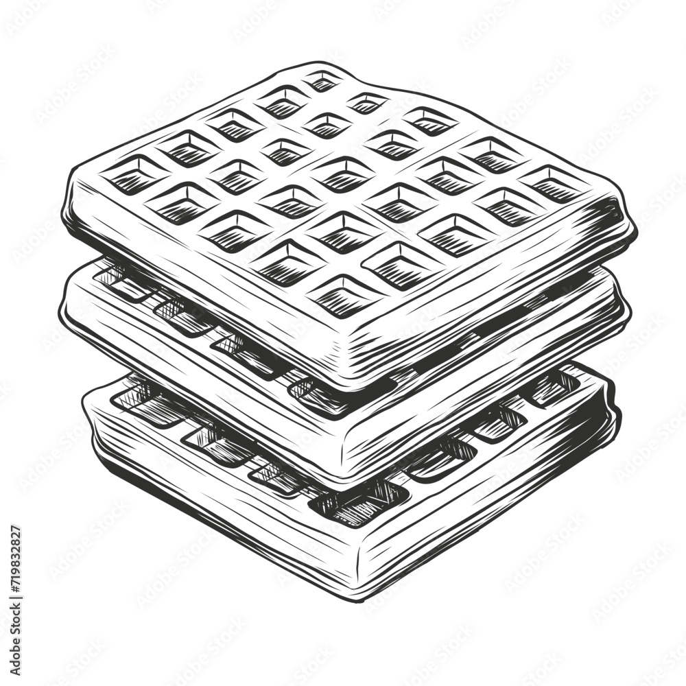 Hand drawn Belgium wafers isolated on white background. vector ink sketch of stack of waffle in vintage engraved style. sweet cake doodle dessert image for label, logo, bakery menu design Hand drawn Belgium wafers isolated on white background. vector ink sketch of stack of waffle in vintage engraved style. sweet cake doodle dessert image for label, logo, bakery menu design