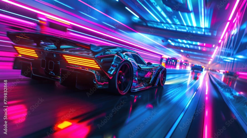The neon race track lined with towering neon pillars casting an otherworldly glow as sports cars of all colors and designs race by in a blur.