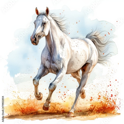 white horse running in the watercolor style with a white background