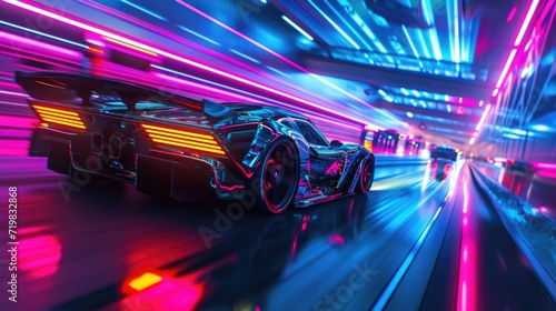 The neon race track lined with towering neon pillars casting an otherworldly glow as sports cars of all colors and designs race by in a blur. © Justlight