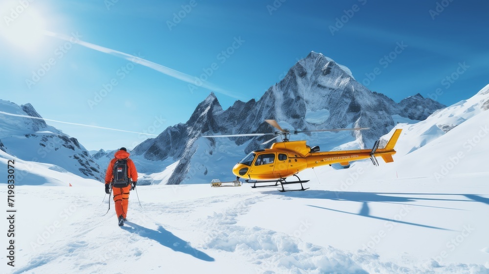Rescue helicopter landing at snow mountains and skating snowboarder