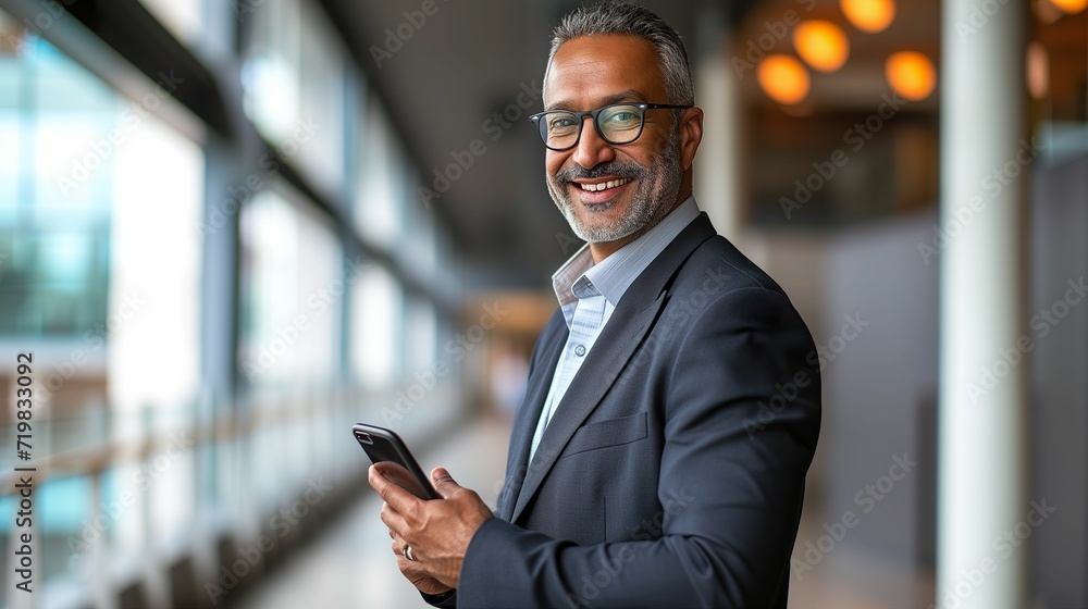 Smiling Mature Businessman, Confident Corporate Leader with Phone Smiling Mature Businessman, Confident Corporate Leader with Phone