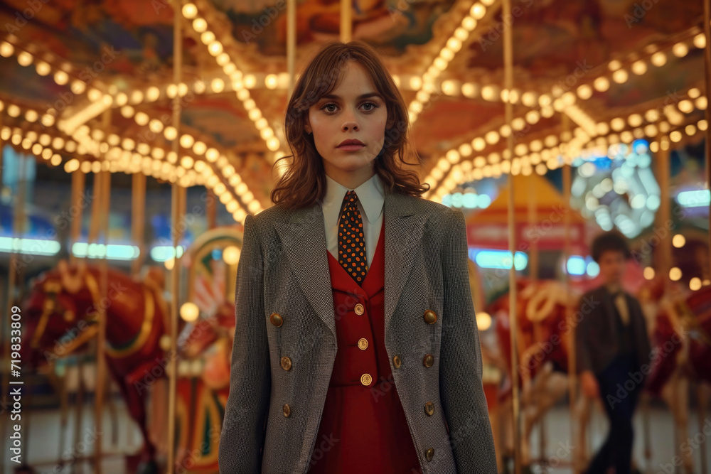 Beautiful young redhead white woman in gray classic formal jacket, red vest with gold buttons, tie, white shirt in amusement park against background of carousel with horse looks forward. Bokeh lights