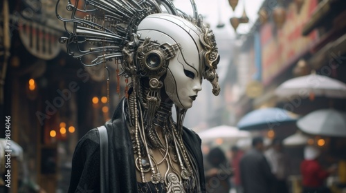 A woman wearing a futuristic black and white mask and headdress, walking in a city street at night. Generative AI.