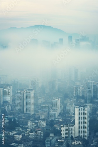 A city with tall buildings in the smog. Generative AI.