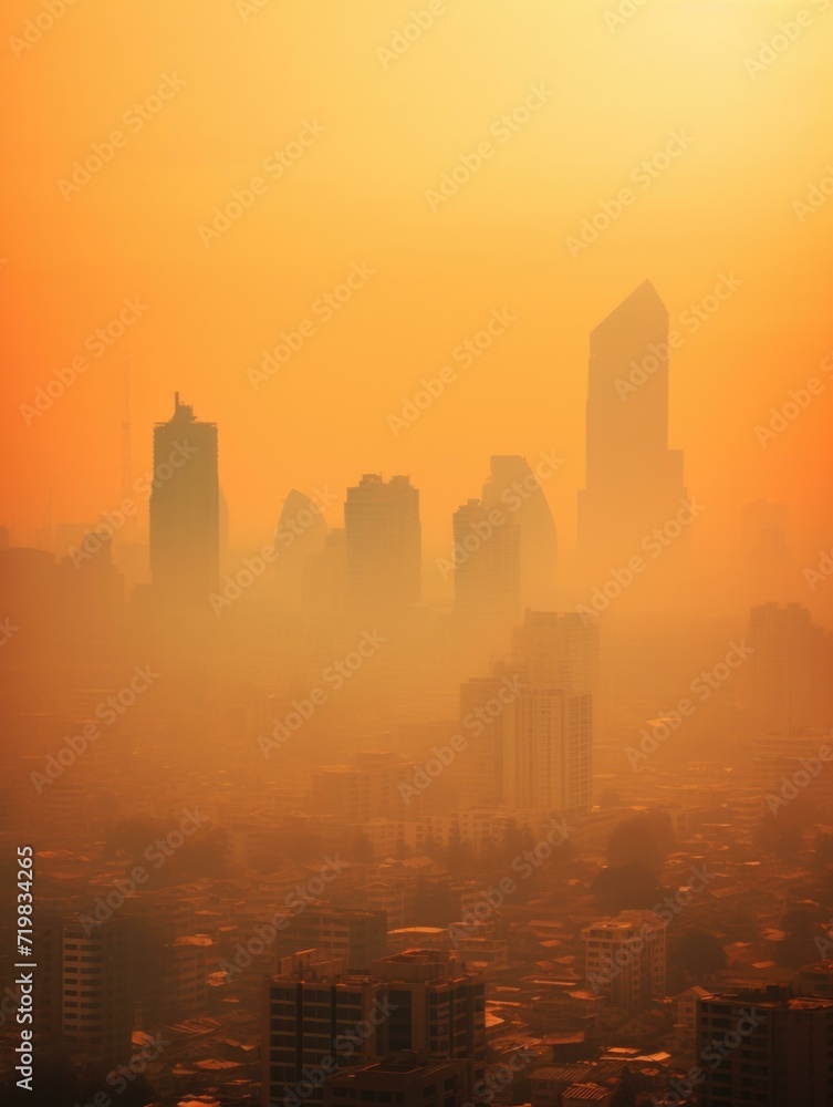 A city skyline shrouded in thick smog at sunset, revealing the impact of air pollution on urban environments. Generative AI.