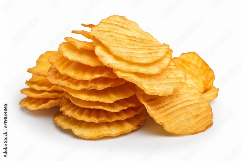 Crispy Barbecue Flavored Potato Chips, Artfully Arranged on an Isolated White Canvas, Generative AI Crispy Barbecue Flavored Potato Chips, Artfully Arranged on an Isolated White Canvas, Generative AI
