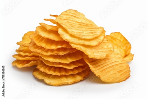 Crispy Barbecue Flavored Potato Chips, Artfully Arranged on an Isolated White Canvas, Generative AI