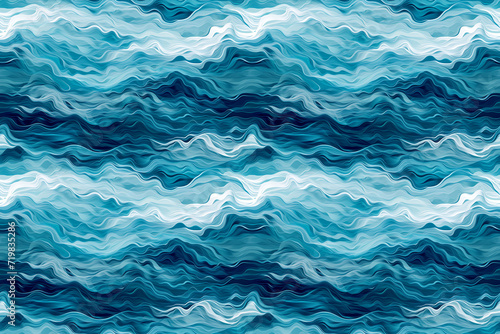 Digital artwork of abstract wavy stripes in various shades of blue, evoking the rhythmic movement of water seamless pattern.