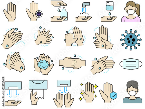 Vector icon collection about proper clean hand washing to prevent colds