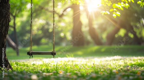 A swing hanging from a tree in a park with flowers on the grass photo
