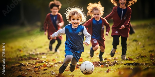 Happy children play soccer on the grass. Generative AI