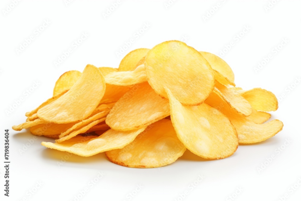 Zesty Cheese-Flavored Potato Chips, Presented in an Irresistible Formation on a White Background, Generative AI Zesty Cheese-Flavored Potato Chips, Presented in an Irresistible Formation on a White Background, Generative AI