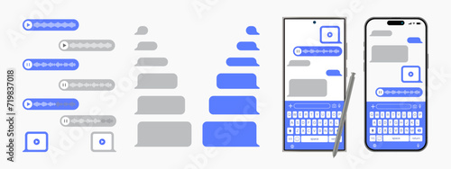 set of buttonsSmartphone chatting screen in mobile communication. Voice message bubble template design. Text messages send and receive with messenger conversation mockup. SMS chat. Vector.