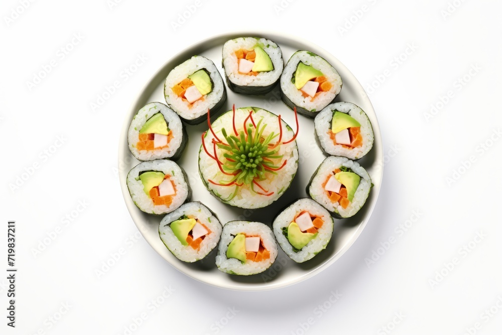California Roll Sushi, Laid Out in a Delicious Pattern on a White Backdrop, Generative AI California Roll Sushi, Laid Out in a Delicious Pattern on a White Backdrop, Generative AI