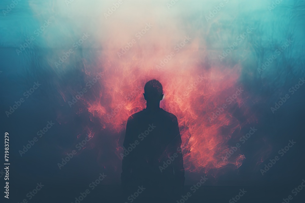 An abstract image of a human silhouette on a red and blue background.