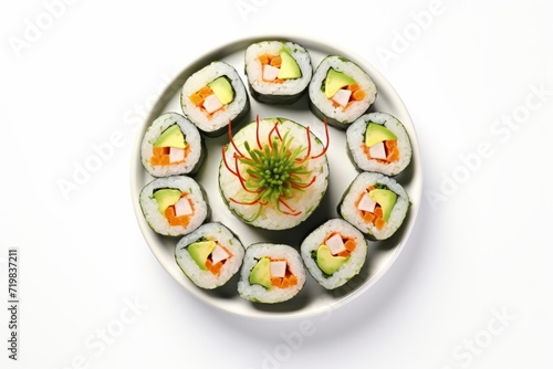 California Roll Sushi, Laid Out in a Delicious Pattern on a White Backdrop, Generative AI