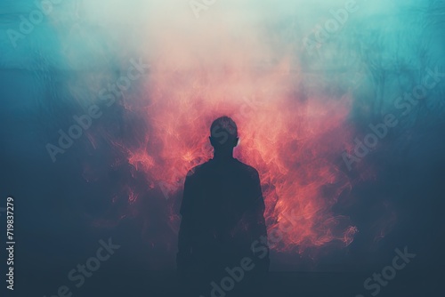 An abstract image of a human silhouette on a red and blue background.