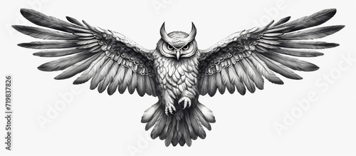 Swooping Great Horned Owl. Hand-drawn illustration. Line art.