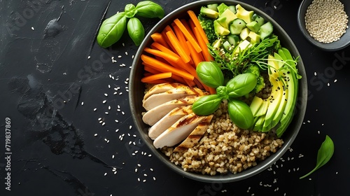 Bowl Buddha. Buckwheat, pumpkin, chicken fillet, avocado, carrots. On a black background. Top view. Free space for your text. : Generative AI