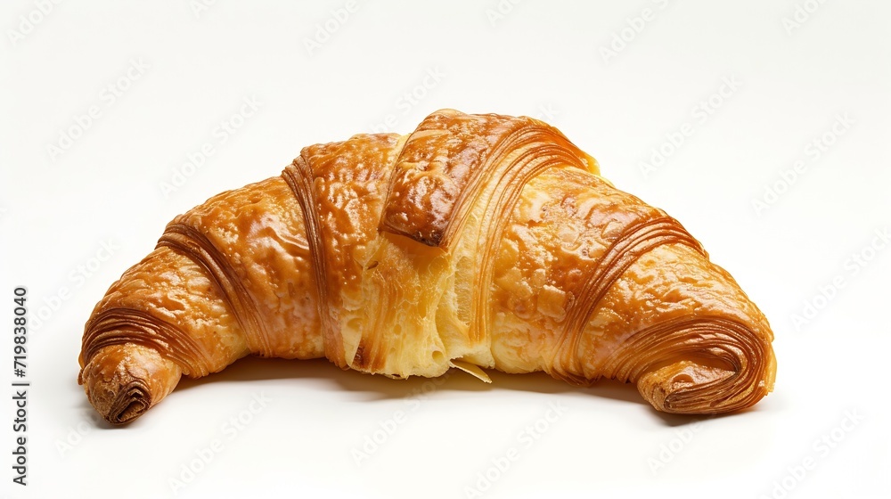 One croissant closeup, isolated on white background. : Generative AI