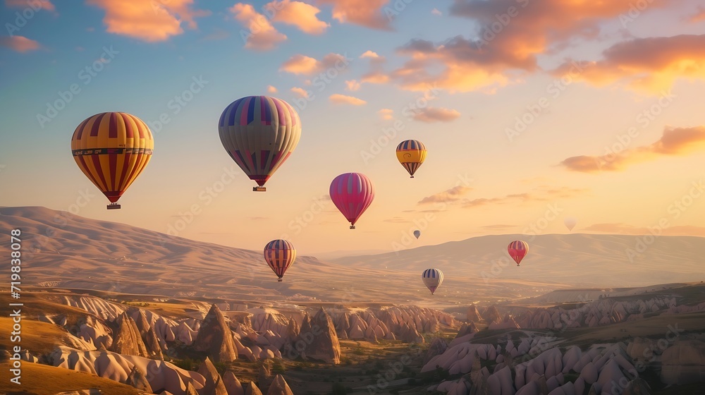 Obraz premium Colorful hot air balloons flying over mountain : Generative AI