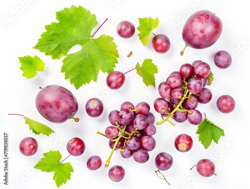 Red grapes with green leaves and half sliced isolated on white background. Top view. Flat lay. Grape pattern texture background. : Generative AI