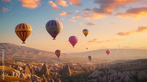 Colorful hot air balloons flying over mountain : Generative AI