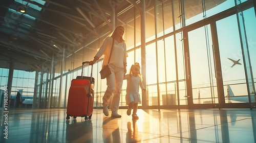 Airport, family and child excited for flight with suitcase trolley on holiday, vacation or immigration journey and travel. Luggage of mother, father or diversity parents with girl kid  : Generative AI photo