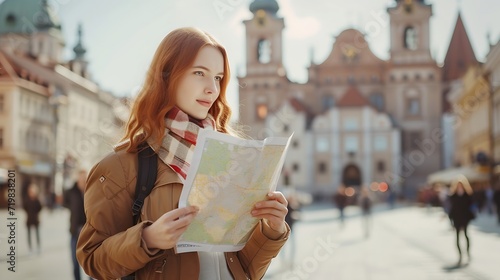 Attractive young female tourist is exploring new city. Redhead girl holding a paper map on Market Square in Krakow. Traveling Europe in autumn. St. Marys Basilica : Generative AI