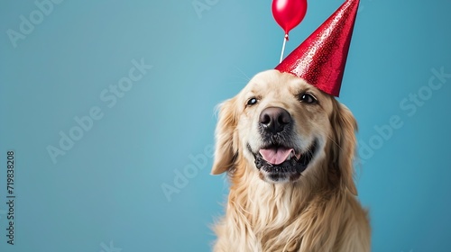 Cute dog celebrating with red pary hat and blow-out against a blue background and copy space to side : Generative AI photo