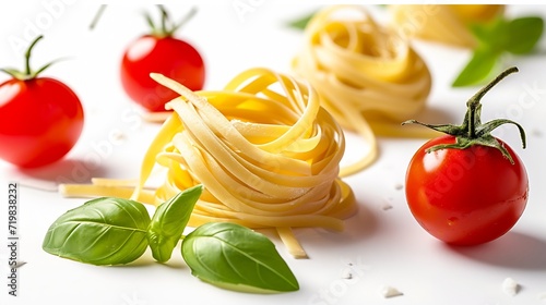 Traditional Italian linguini pasta with tomatoes and basil is isolated on a white background. A set of pasta with tomatoes in different angles. : Generative AI