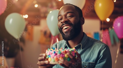 Cropped view caucasian adult happy bearded man celebrate birthday at home diverse african caucasian friends congratulate male with festive cake blowing party whistles make surprise ann : Generative AI photo