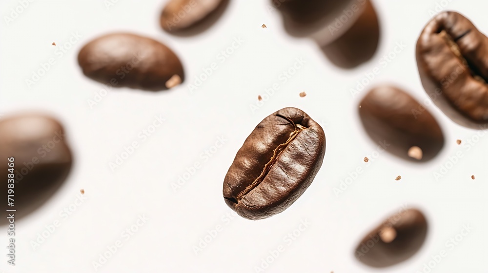 Coffee beans in the air close -up isolated on a white background : Generative AI Coffee beans in the air close -up isolated on a white background : Generative AI