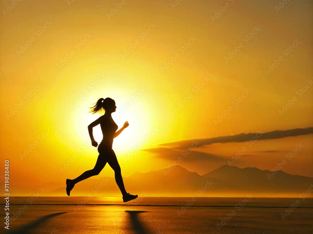 Serene Running at Sunset with Silhouetted Woman Embracing Nature's Beauty Serene Running at Sunset with Silhouetted Woman Embracing Nature's Beauty