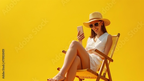 Young woman wear summer clothes sit in deckchair use show mobile cell phone isolated on plain yellow background. Tourist travel abroad in free spare time rest getaway. Air flight trip  : Generative AI #719838419