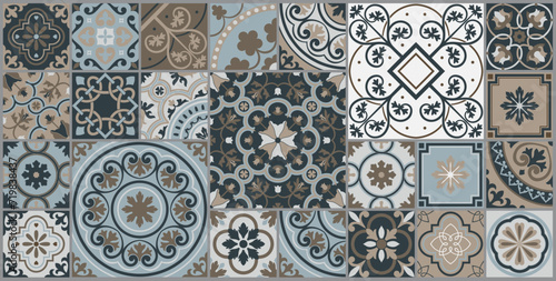 Mediterranean tile abstract geometric floral patterns. Portuguese culture, in blue and white. Vector illustration © AZOGUE.art