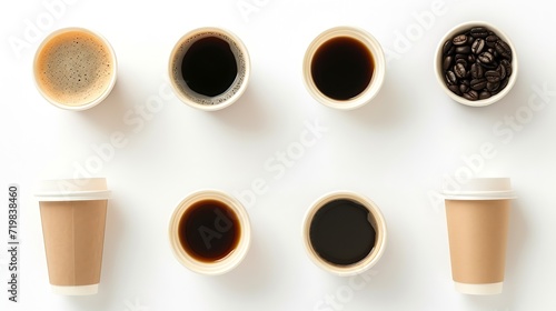 Set of paper take away cups of different black coffee isolated on white background, top view : Generative AI
