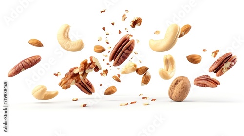 Flying cashew, almond, hazelnut, pecan and brazil nuts falling isolated on white background. Nut mix. Top view. Package design elements : Generative AI photo