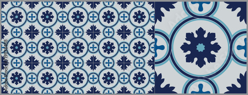 Set of patterned floor tiles. Mediterranean seamless pattern. Traditional Portuguese tiles. Vector illustration